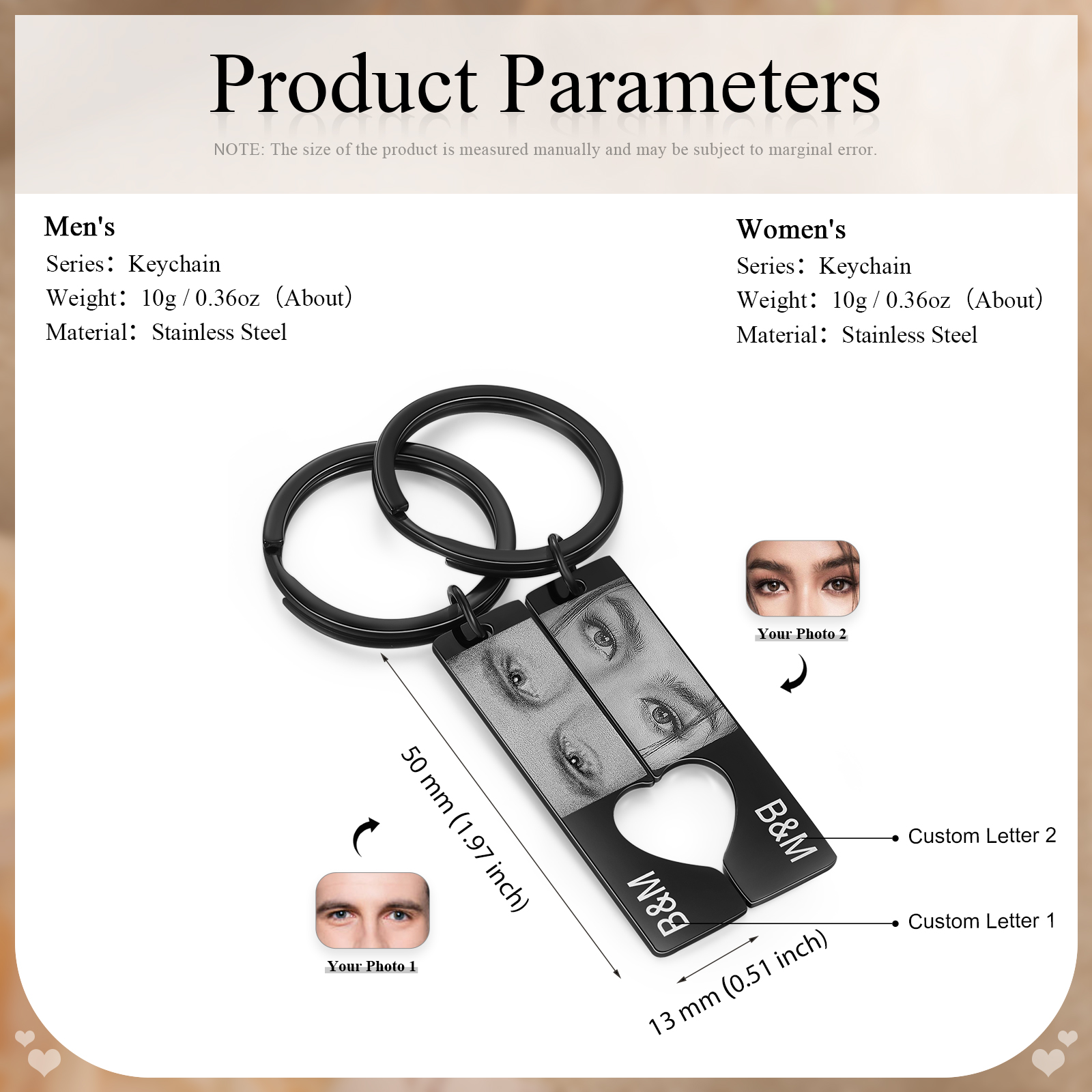 Personalised Eye Photo Keyring with Custom 2 Photos & 2 Letters Heart Puzzle Matching Keychain Gift for Couple | Jessemade
