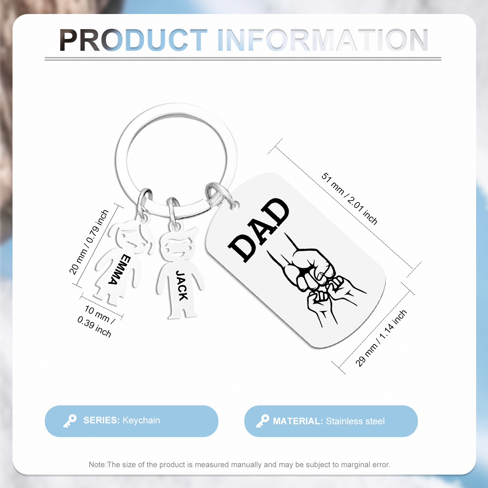 Father’s Day Personalized Keychain, Dad Gift with Kid’s Name - Custom Family Keyring for Dad 