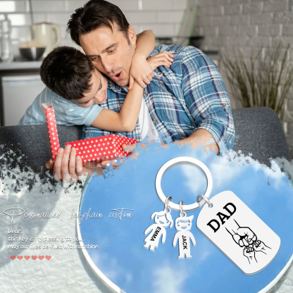 Father’s Day Personalized Keychain, Dad Gift with Kid’s Name - Custom Family Keyring for Dad 