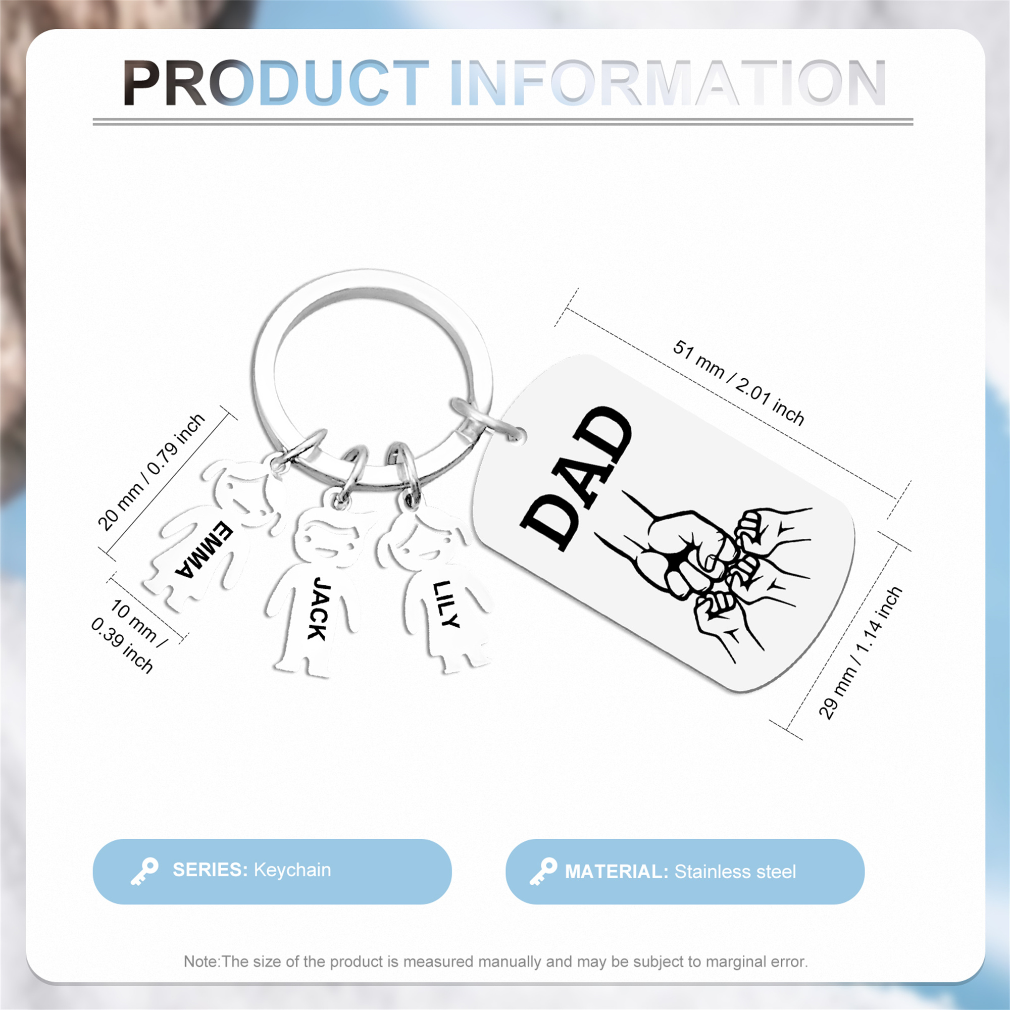 3 names - Father’s Day Personalized Keychain, Dad Gift with Kid’s Name - Custom Family Keyring for Dad 