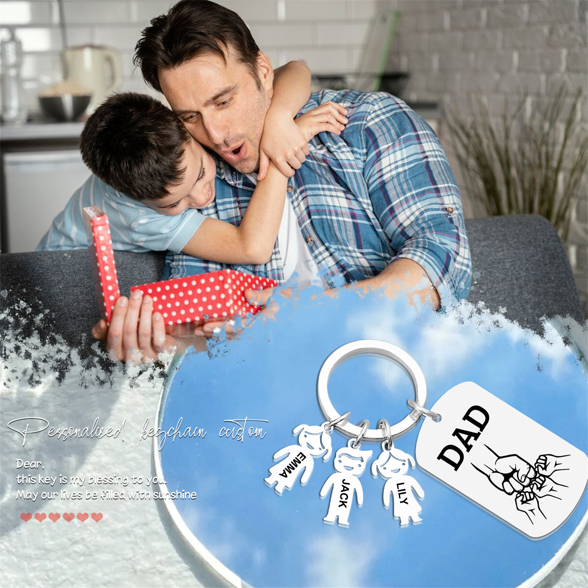 3 names - Father’s Day Personalized Keychain, Dad Gift with Kid’s Name - Custom Family Keyring for Dad 