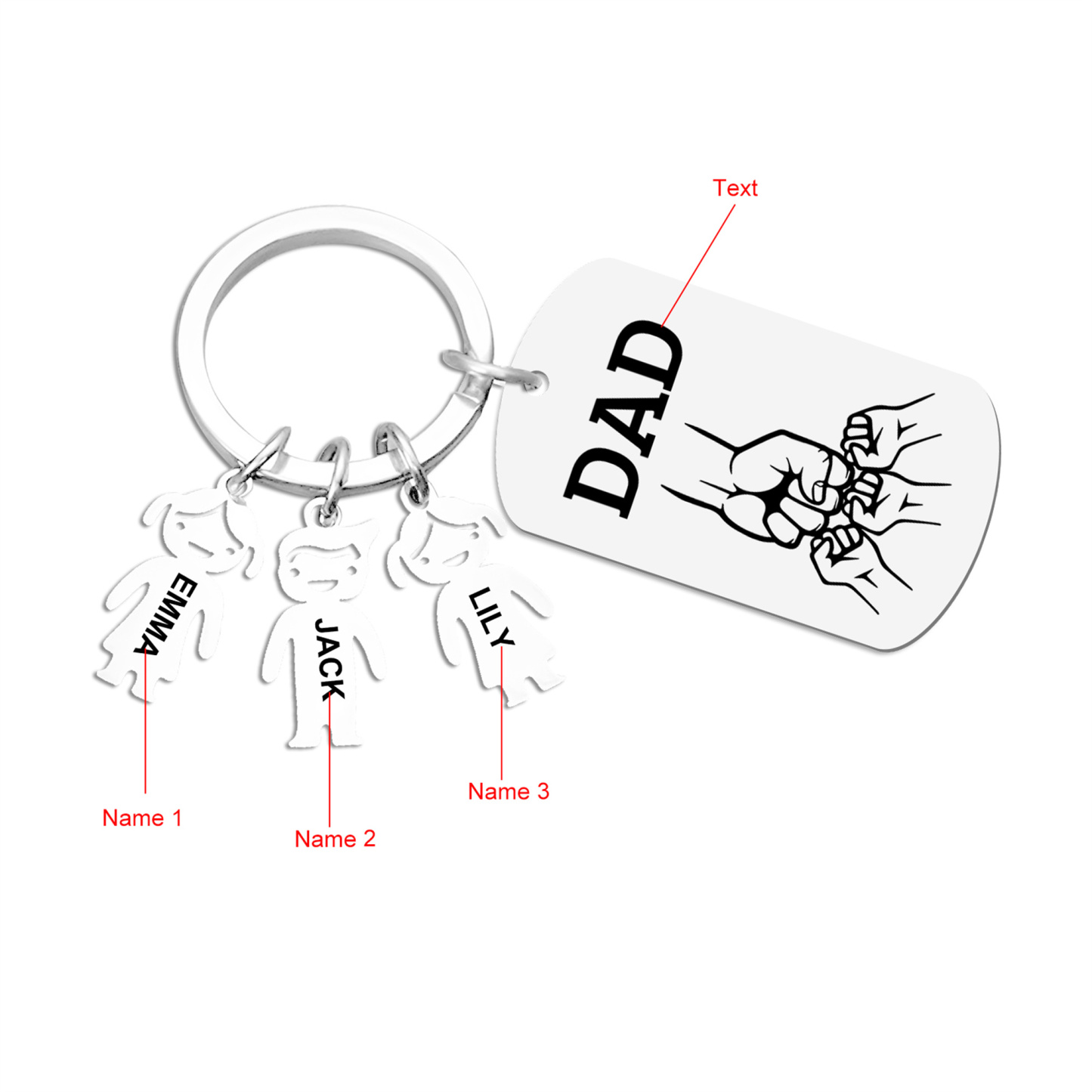 3 names - Father’s Day Personalized Keychain, Dad Gift with Kid’s Name - Custom Family Keyring for Dad 