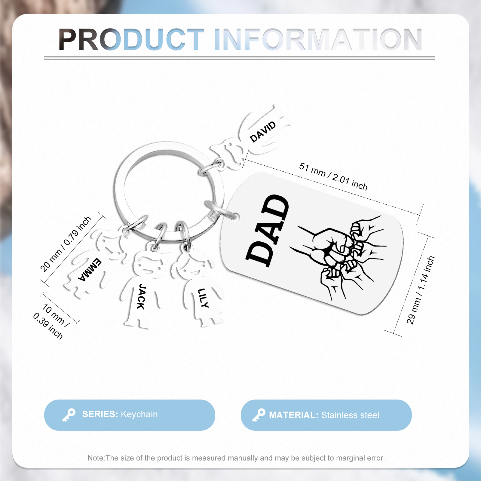 4 names - Father’s Day Personalized Keychain, Dad Gift with Kid’s Name - Custom Family Keychain for Dad 