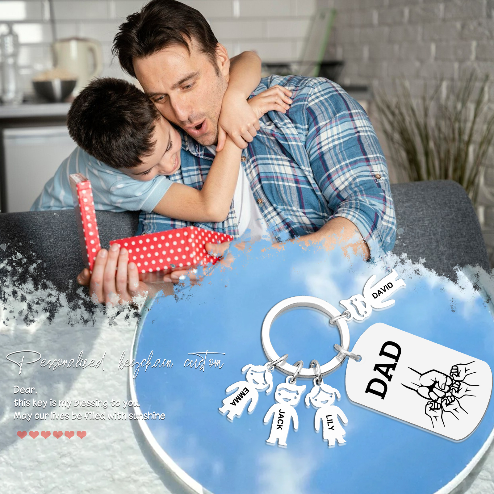 4 names - Father’s Day Personalized Keychain, Dad Gift with Kid’s Name - Custom Family Keychain for Dad 