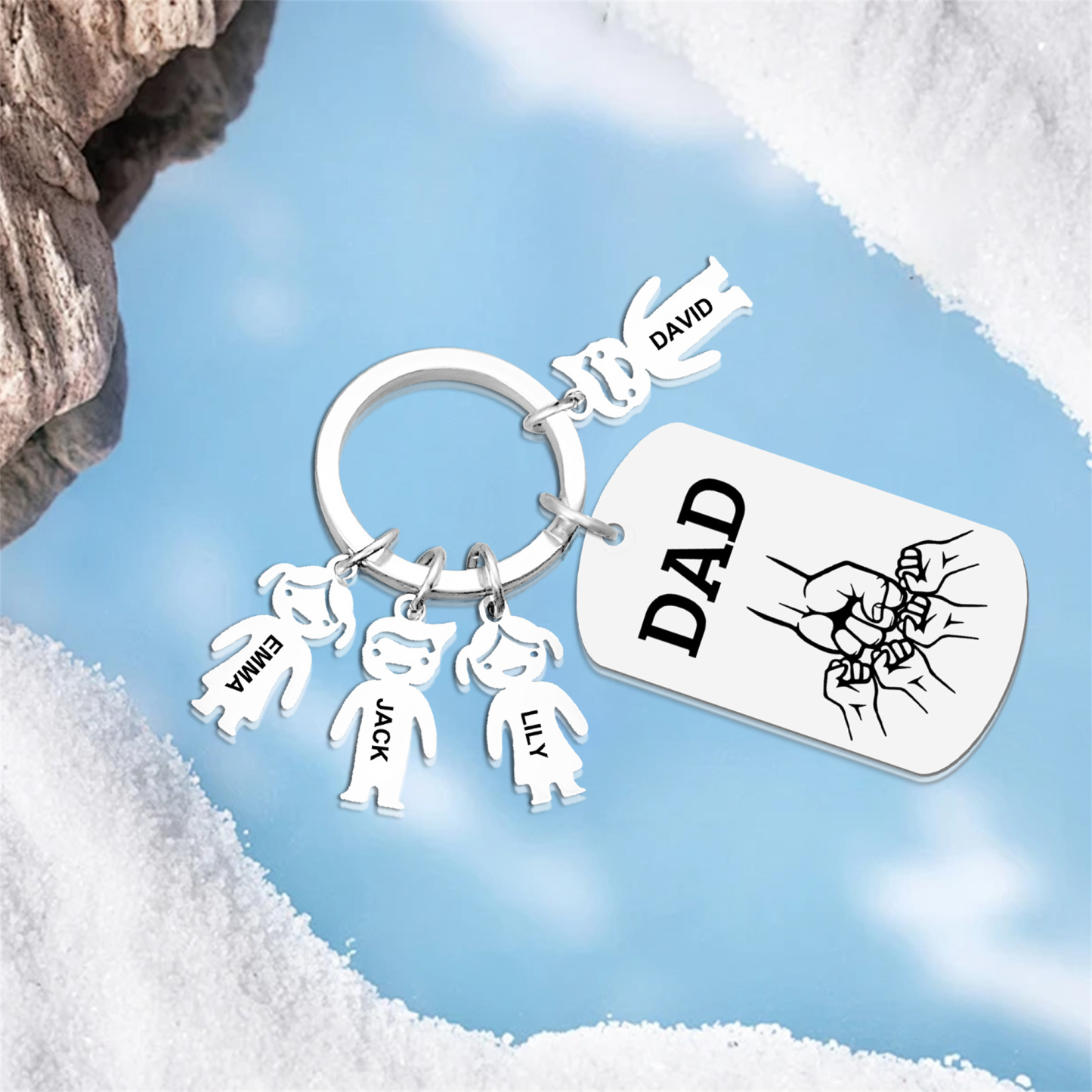 4 names - Father’s Day Personalized Keychain, Dad Gift with Kid’s Name - Custom Family Keychain for Dad 