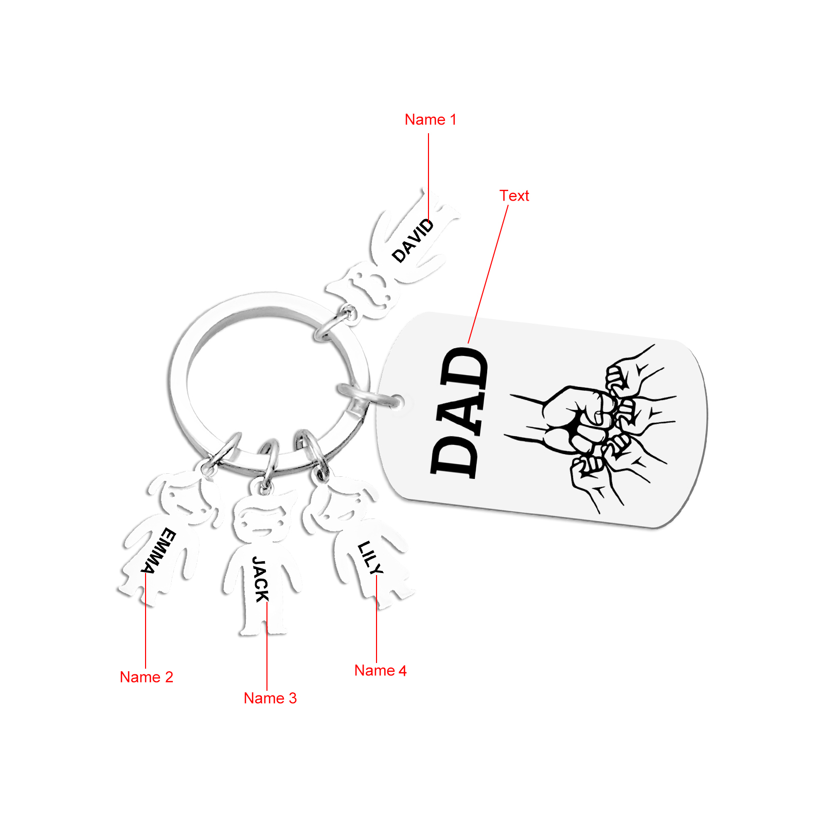 4 names - Father’s Day Personalized Keychain, Dad Gift with Kid’s Name - Custom Family Keychain for Dad 