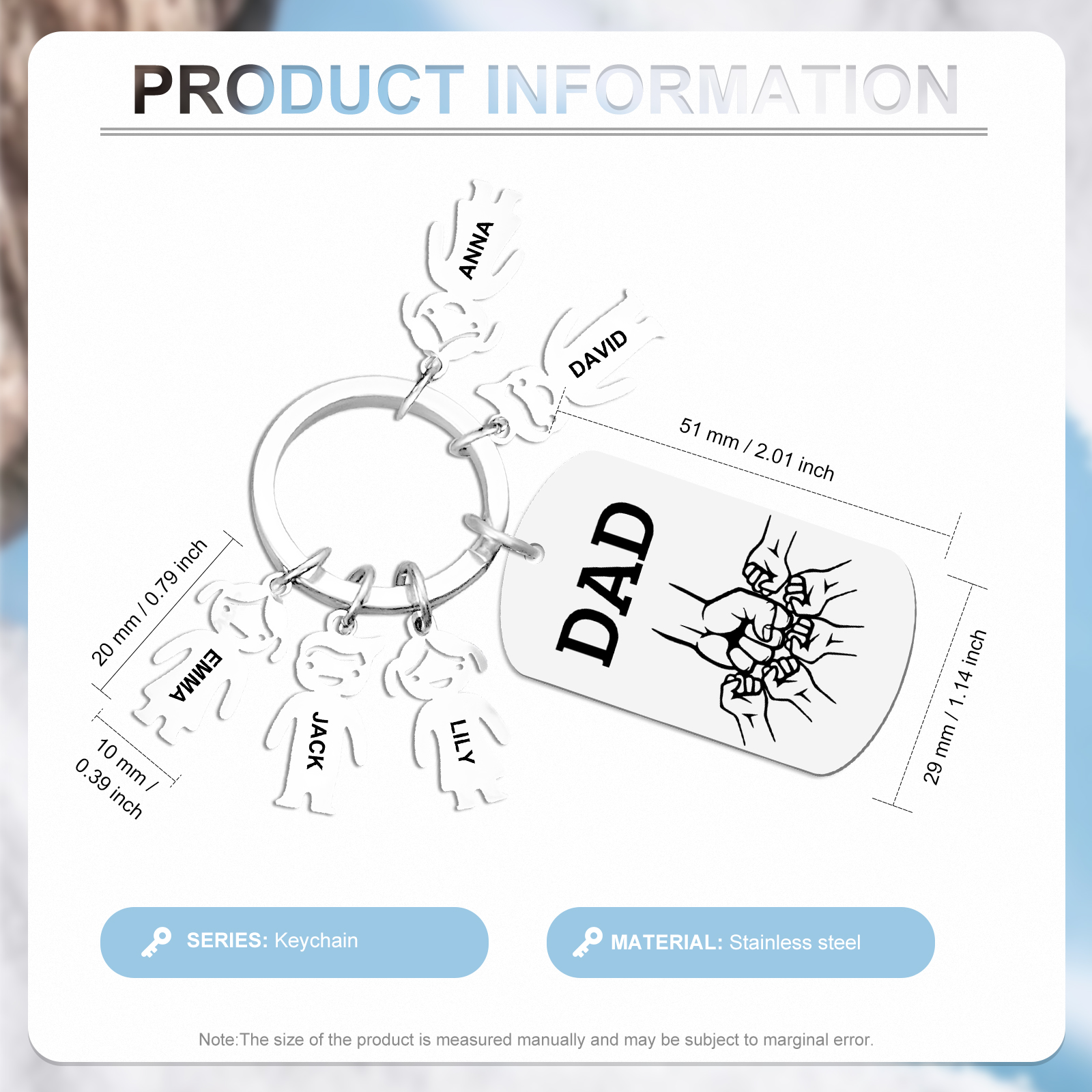 5 names - Father’s Day Personalized Keychain, Dad Gift with Kid’s Name - Custom Family Keychain for Dad 