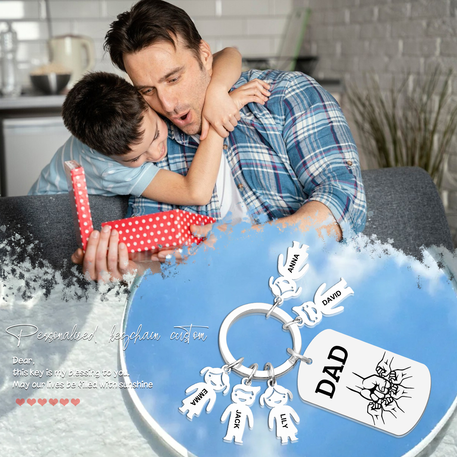 5 names - Father’s Day Personalized Keychain, Dad Gift with Kid’s Name - Custom Family Keychain for Dad 