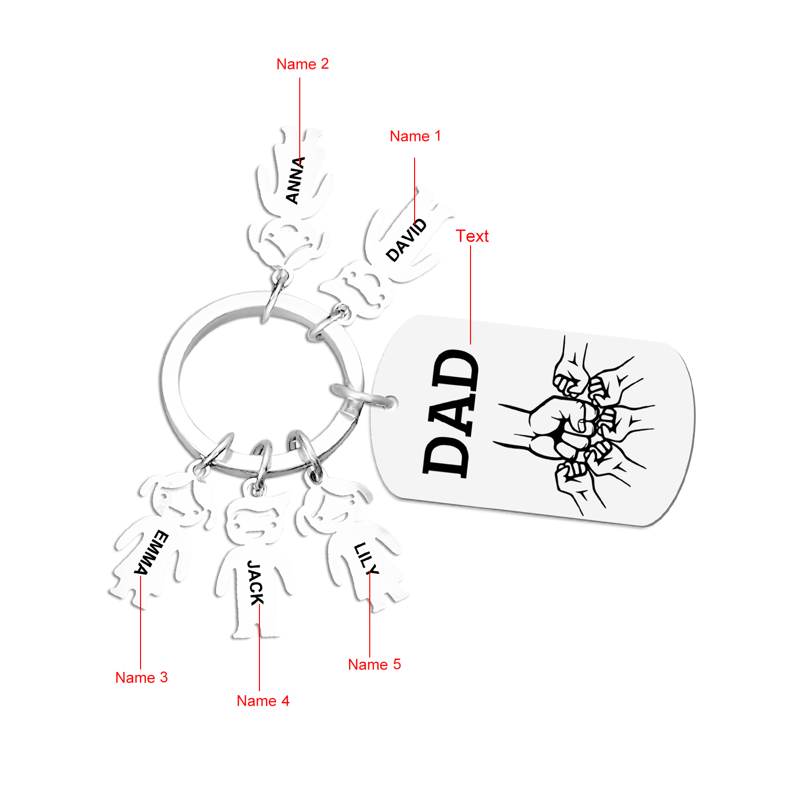 5 names - Father’s Day Personalized Keychain, Dad Gift with Kid’s Name - Custom Family Keychain for Dad 