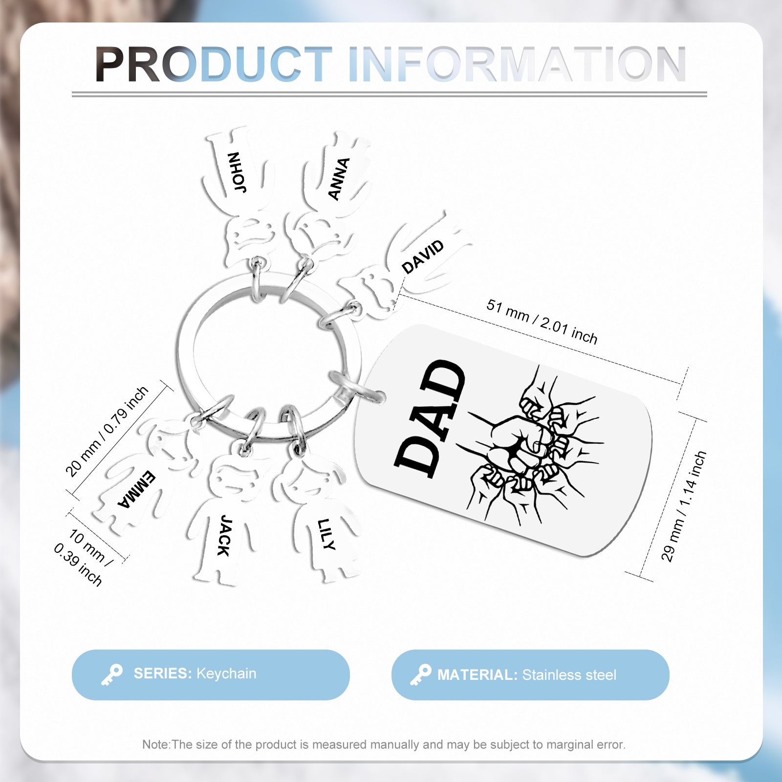 6 names - Father’s Day Personalized Keychain, Dad Gift with Kid’s Name - Custom Family Keychain for Dad 