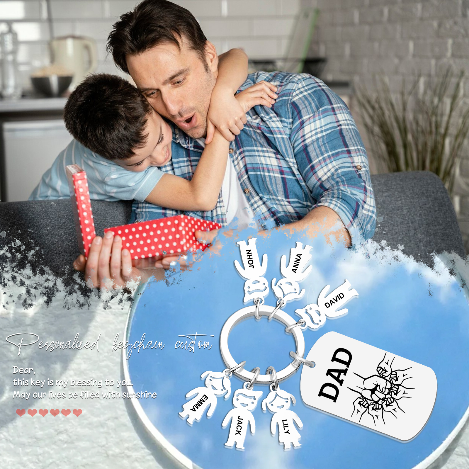 6 names - Father’s Day Personalized Keychain, Dad Gift with Kid’s Name - Custom Family Keychain for Dad 