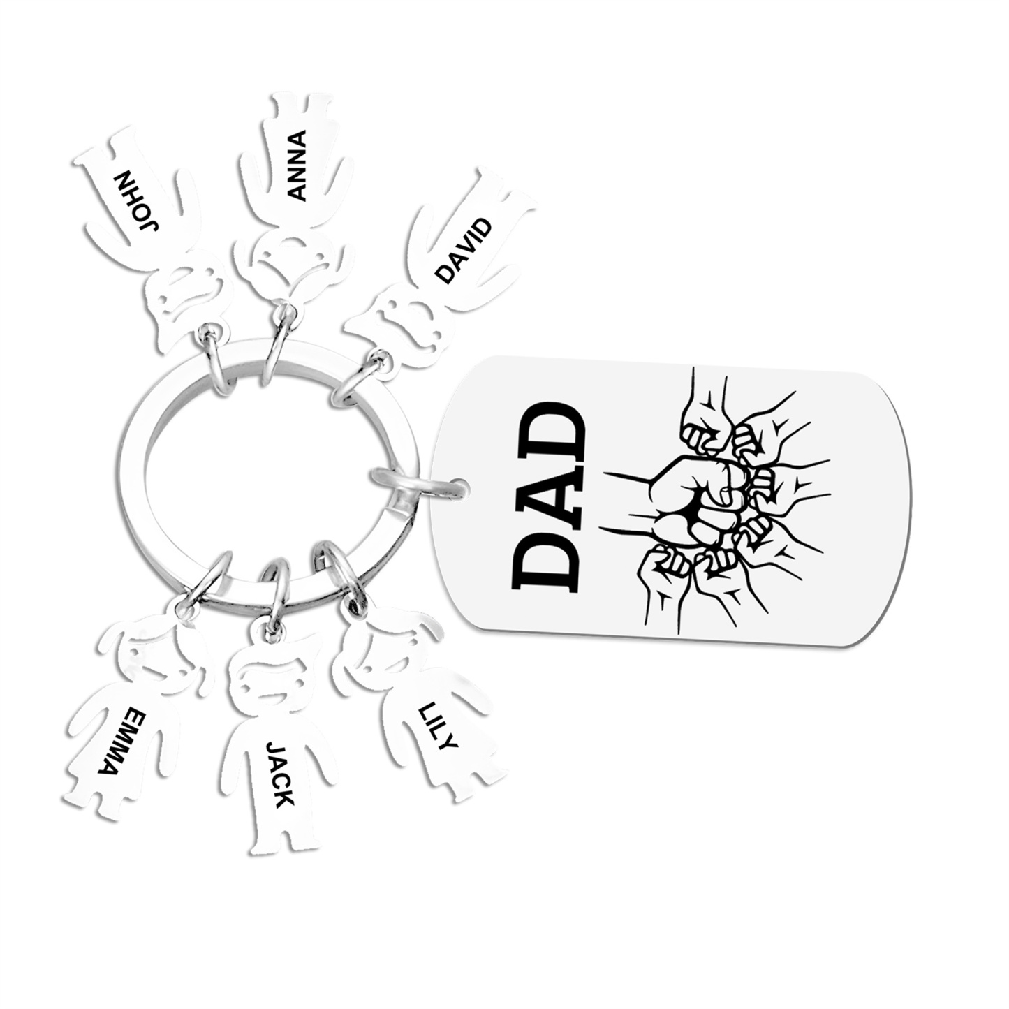 6 names - Father’s Day Personalized Keychain, Dad Gift with Kid’s Name - Custom Family Keychain for Dad 