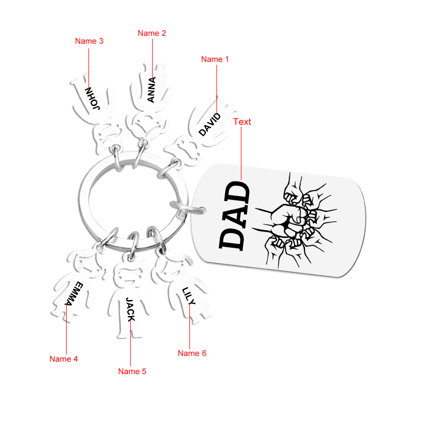 6 names - Father’s Day Personalized Keychain, Dad Gift with Kid’s Name - Custom Family Keychain for Dad 