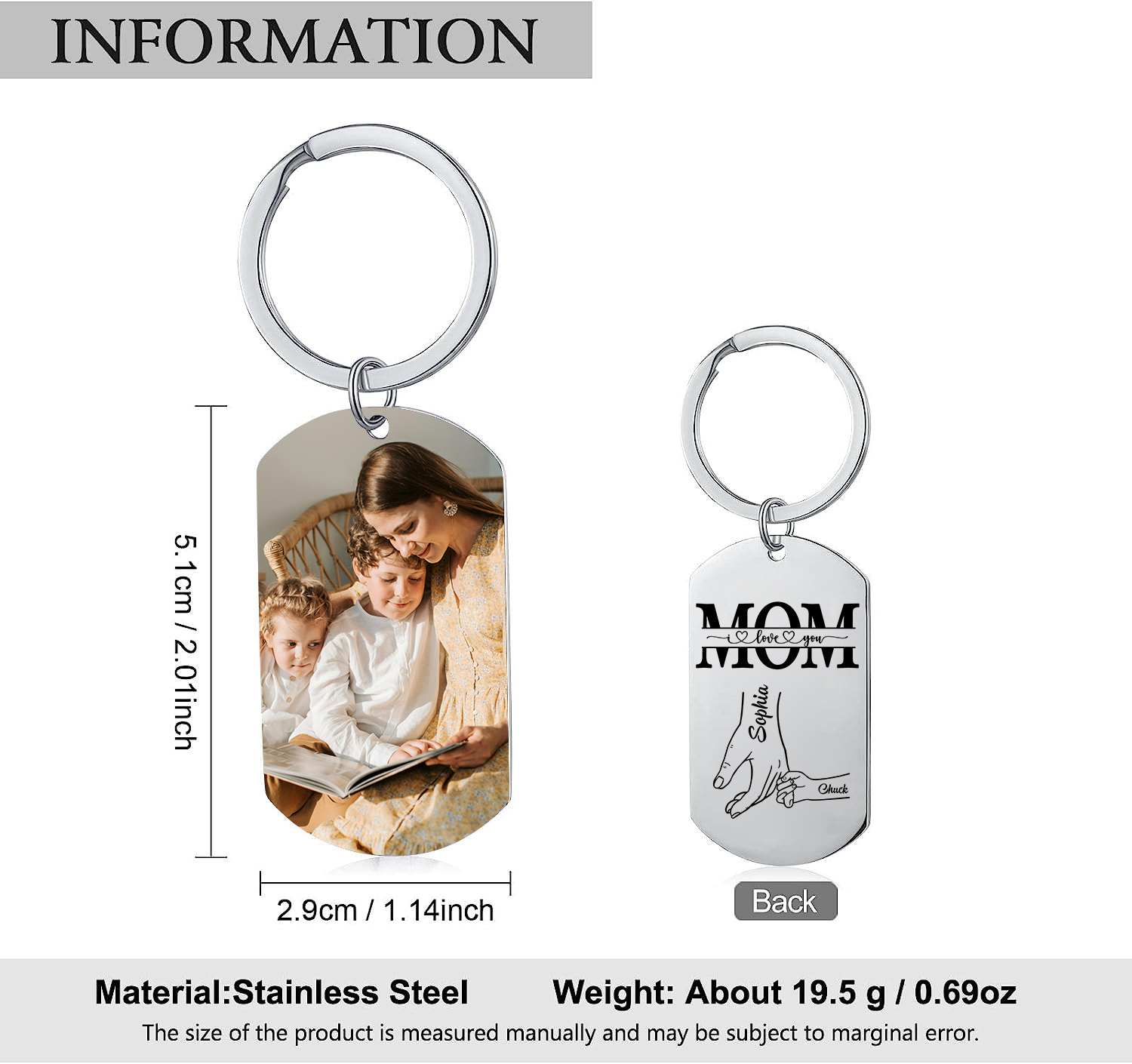2 Names & 1 Photo- Personalized Stainless Steel Photo Keychain for Mom – Mother’s Day