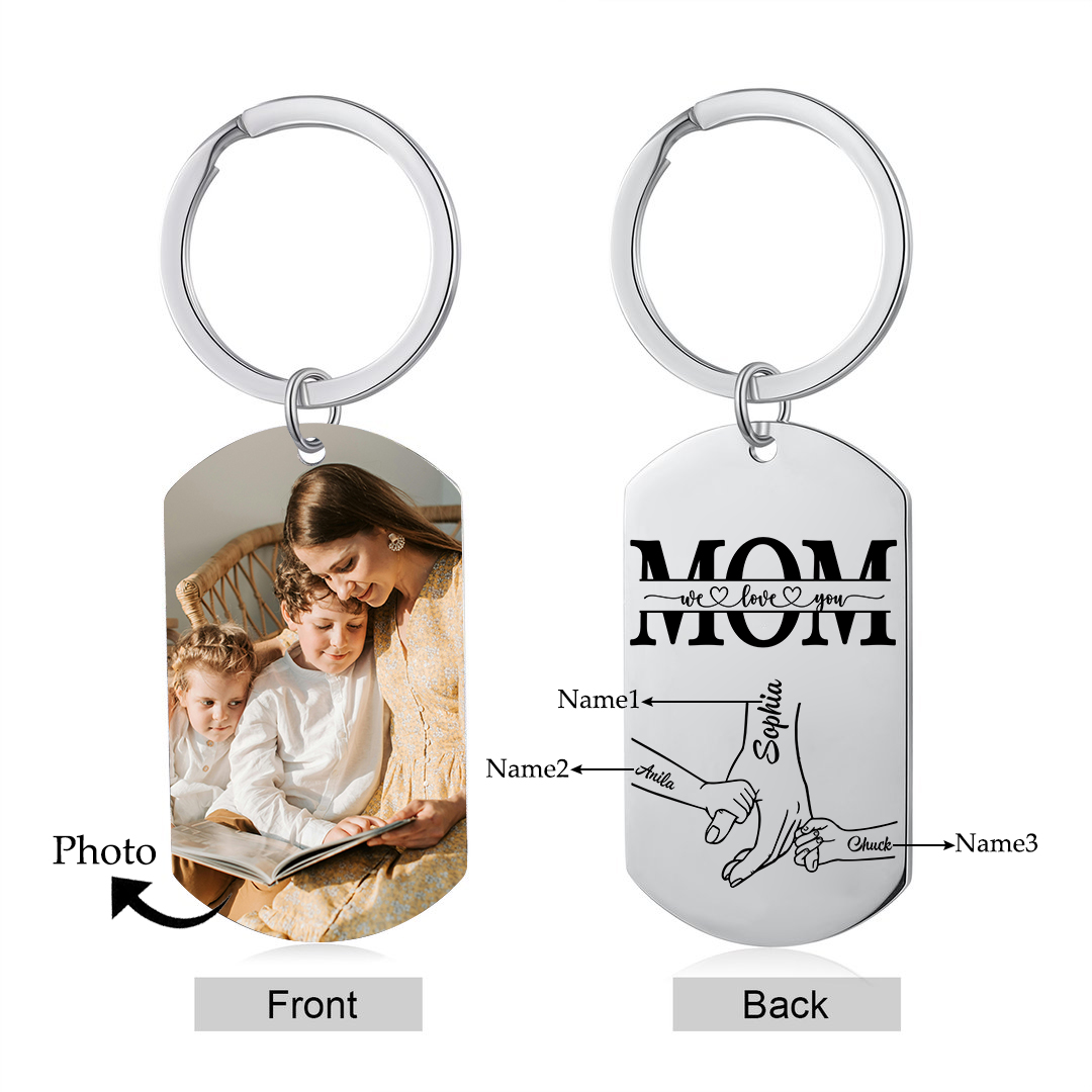 3 Names & 1 Photo- Personalized Stainless Steel Photo Keychain for Mom – Mother’s Day
