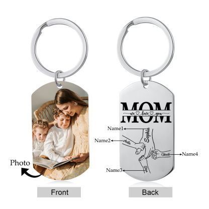 4 Names & 1 Photo- Personalized Stainless Steel Photo Keychain for Mom – Mother’s Day