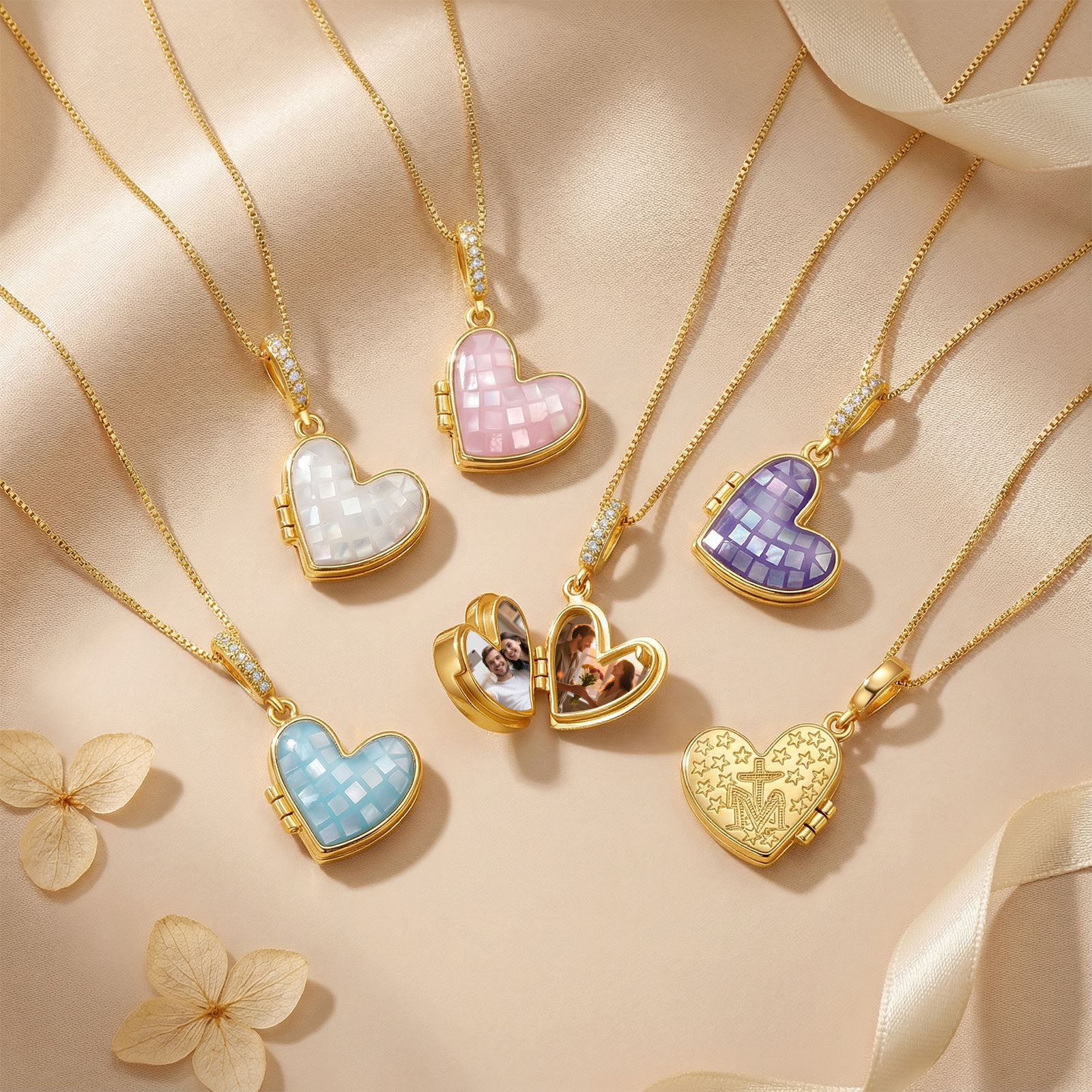 Personalized Heart Photo Locket Necklace for Her White Abalone Necklace