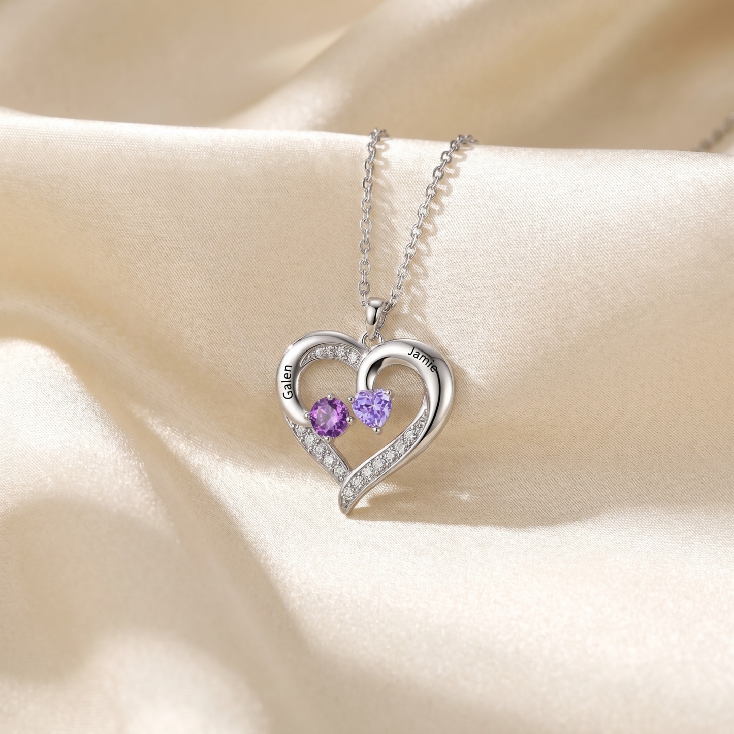 Personalized Double Heart Birthstone Necklace Customized with 1-5 Names