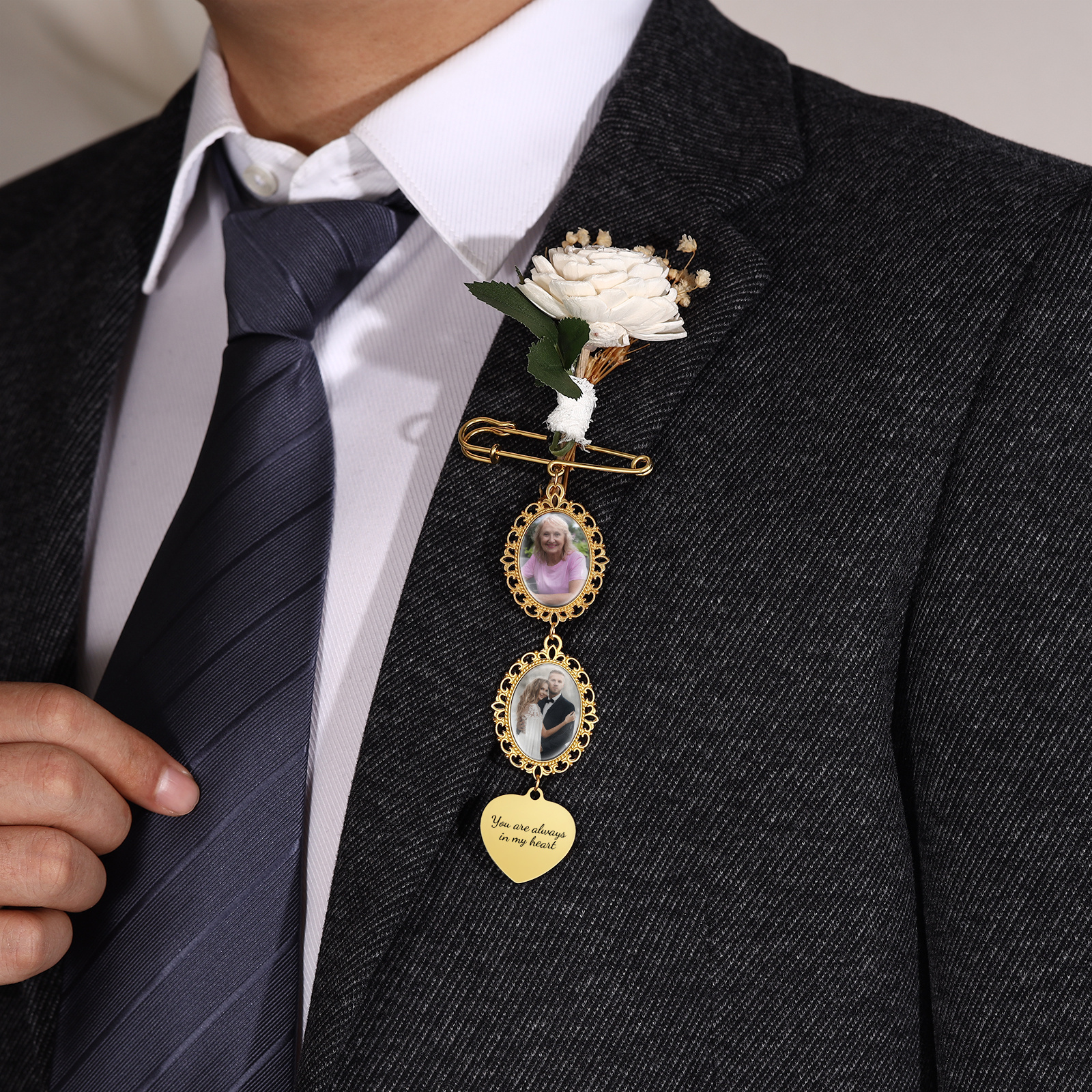 Personalized Wedding Photo Brooch Memorial Bridal Bouquet Groom Lapel Pin