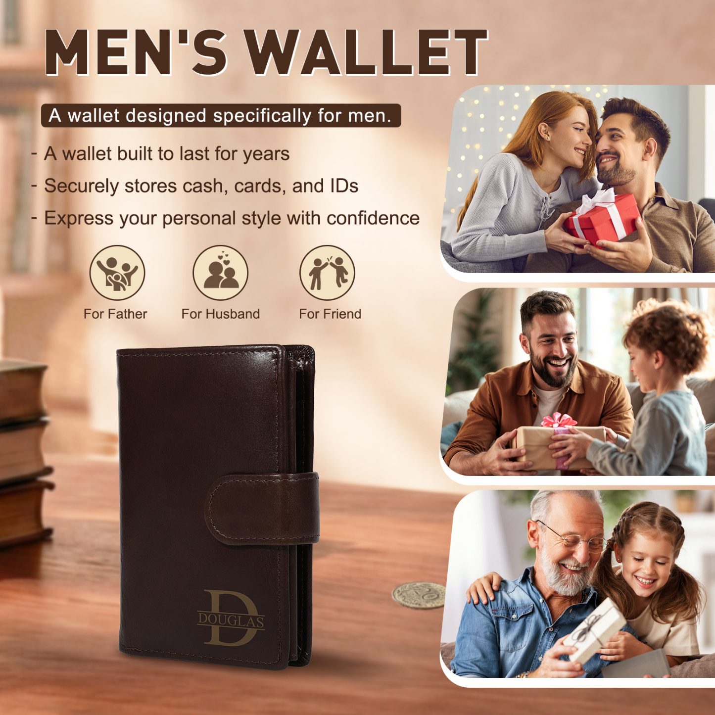 Personalized Leather RFID Blocking Bifold Wallet for Men with Snap Closure