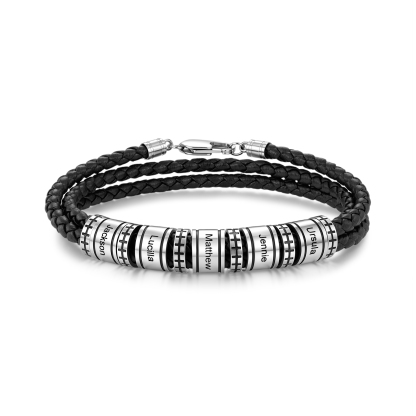 Personalized Men’s Braided Leather Bracelet Engraved Beads with 1 to 6 Names
