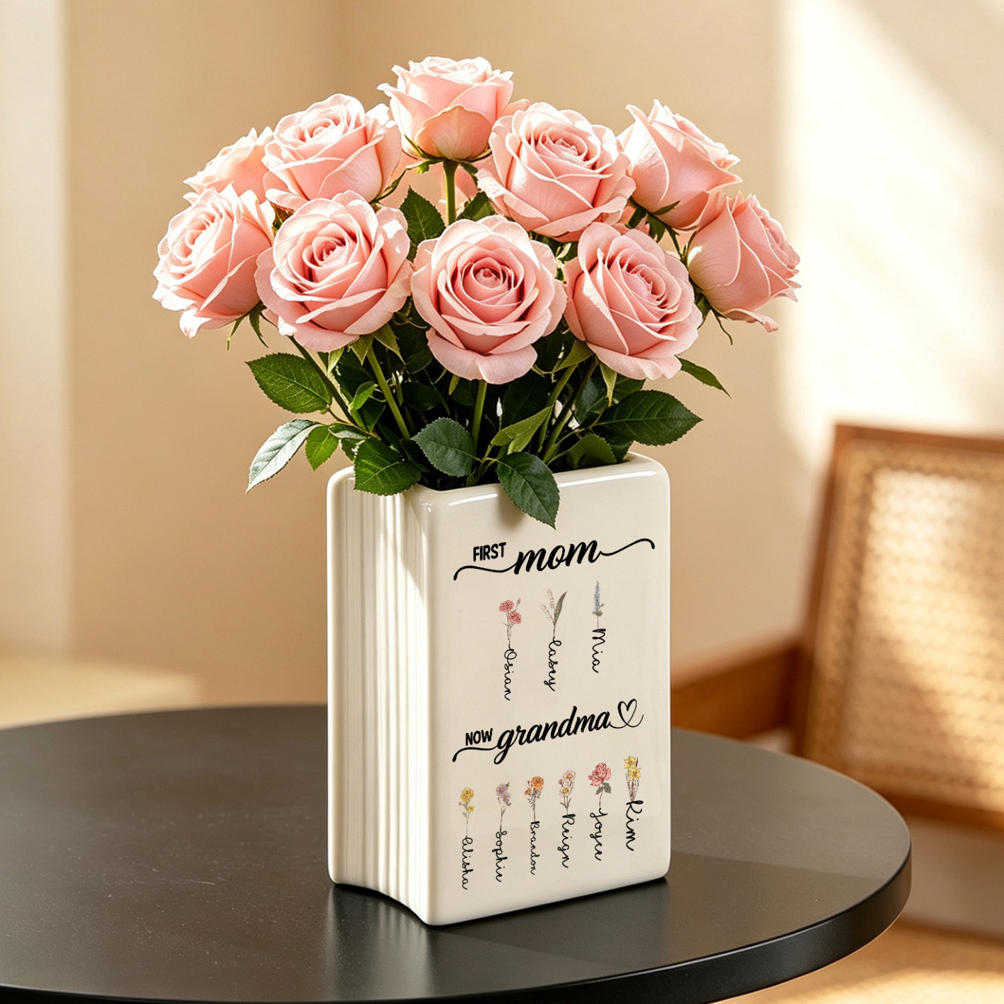 Personalized Ceramic Vase for Grandma Customized with 2-12 Names and Birth Flowers