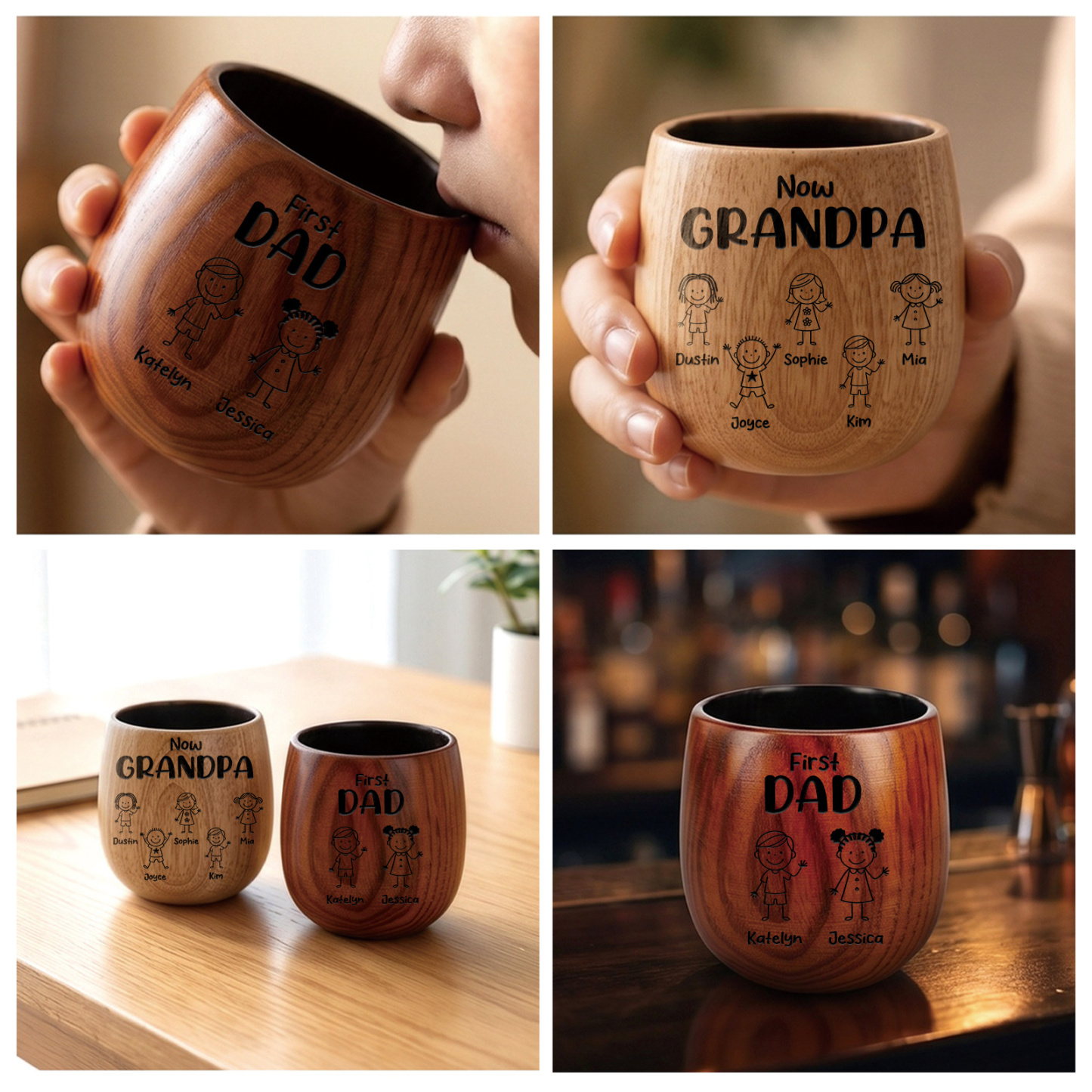 Personalized Wooden Whisky Cup for Dad or Grandpa Custom with 2-16 Children and Names