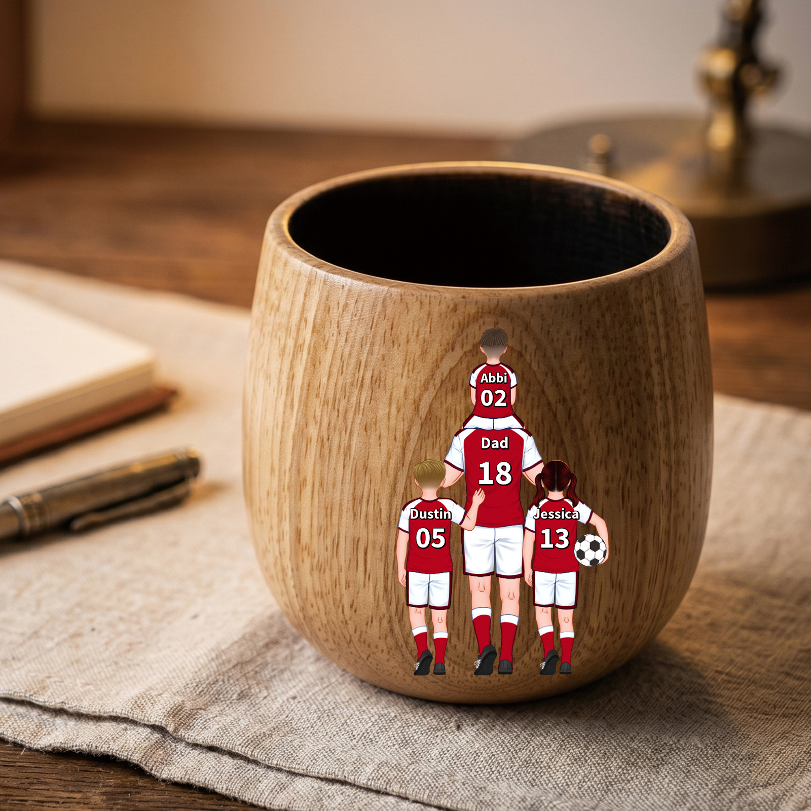 Personalized Wooden Whiskey Tumbler Cup for Dad Customized with 1–5 Kids Names Football Family