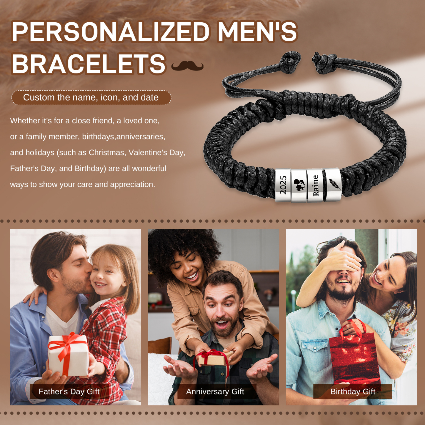 Personalized Braided Rope Bracelet Adjustable Customized with 2-6 Names Beads
