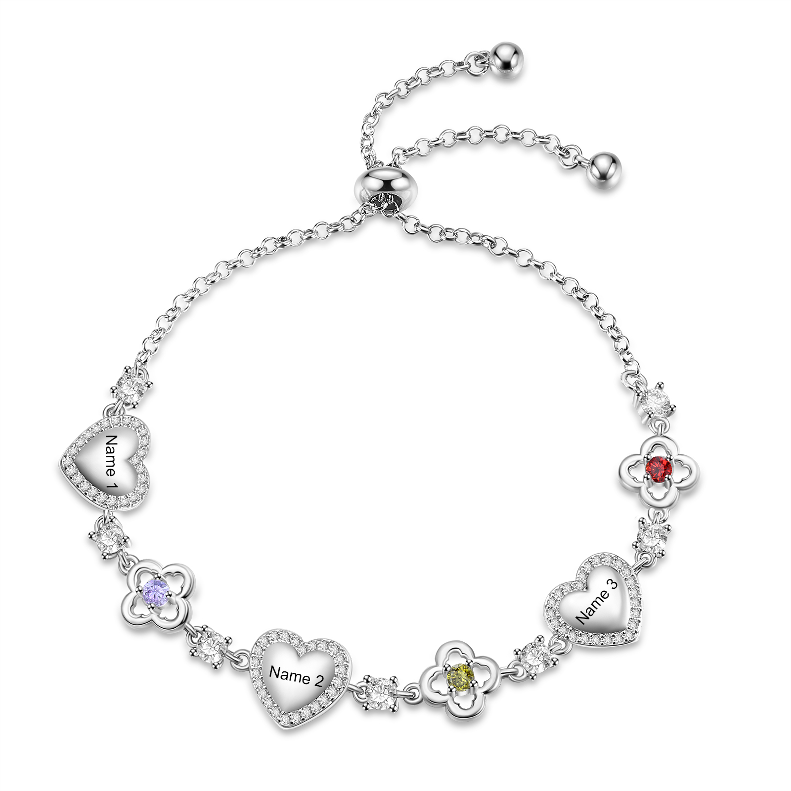 Personalized Birthstone Bracelet with Heart and Flowers Customized with 2–5 Names and Stones