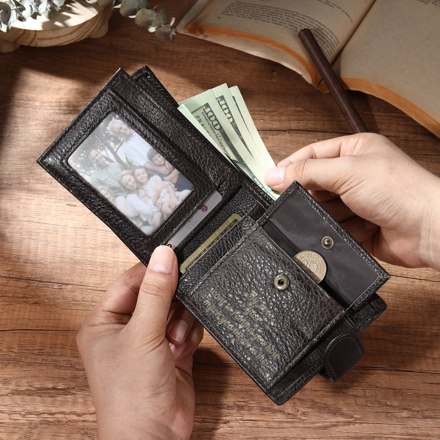 Personalized Leather RFID Blocking Bifold Wallet for Men with Snap Closure Name or Initials Engraved
