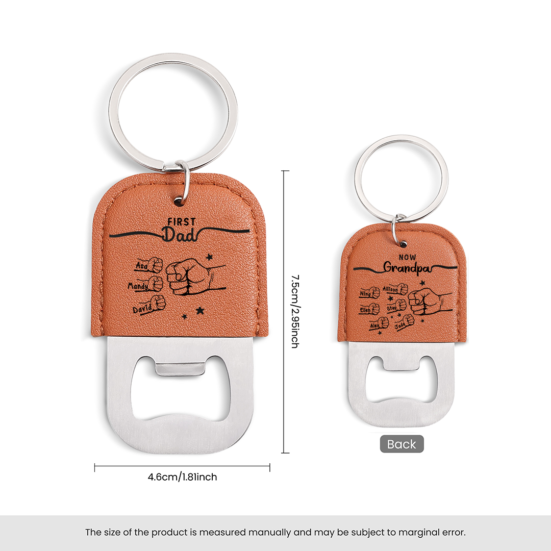 Personalized Leather Keychain With Bottle Opener Custom with 2-12 Names And Fist Bumps