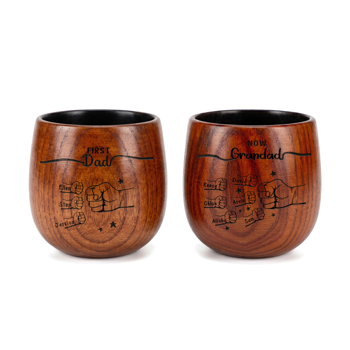 Personalized Wooden Whiskey Cup for Dad Grandpa Customized with 2-12 Names and Fist Bumps