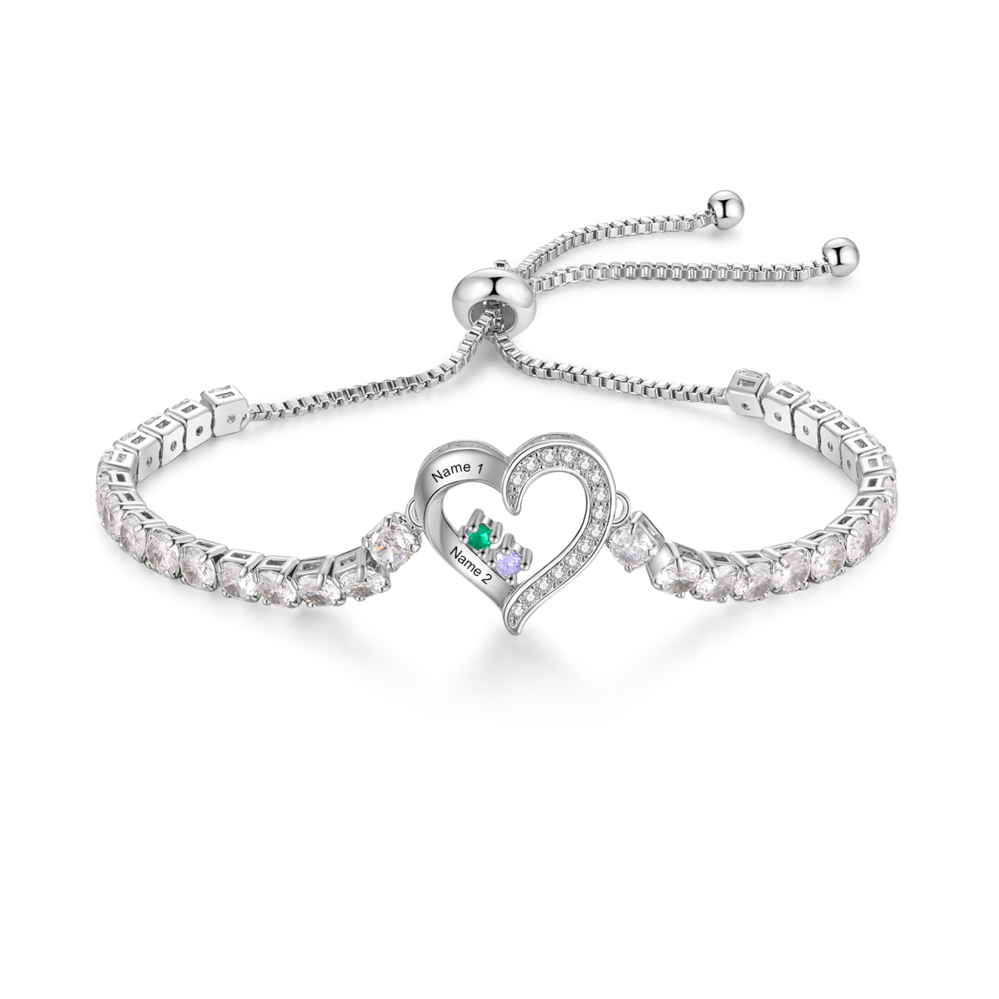 Personalized Heart Bracelet with 2-4 Names & CZ Birthstones – Custom Rhodium Plated Gift for Her | Jessemade
