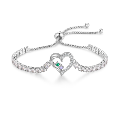 Personalized Heart Bracelet with 2-4 Names & CZ Birthstones – Custom Rhodium Plated Gift for Her | Jessemade