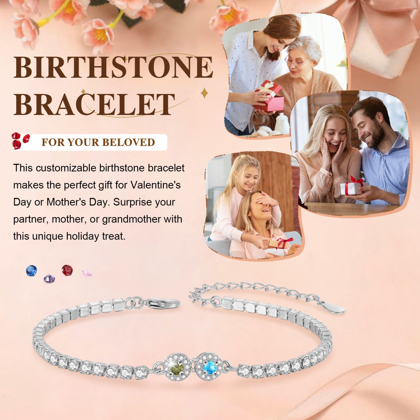 Personalized Birthstone Tennis Bracelet with 2–5 Stones