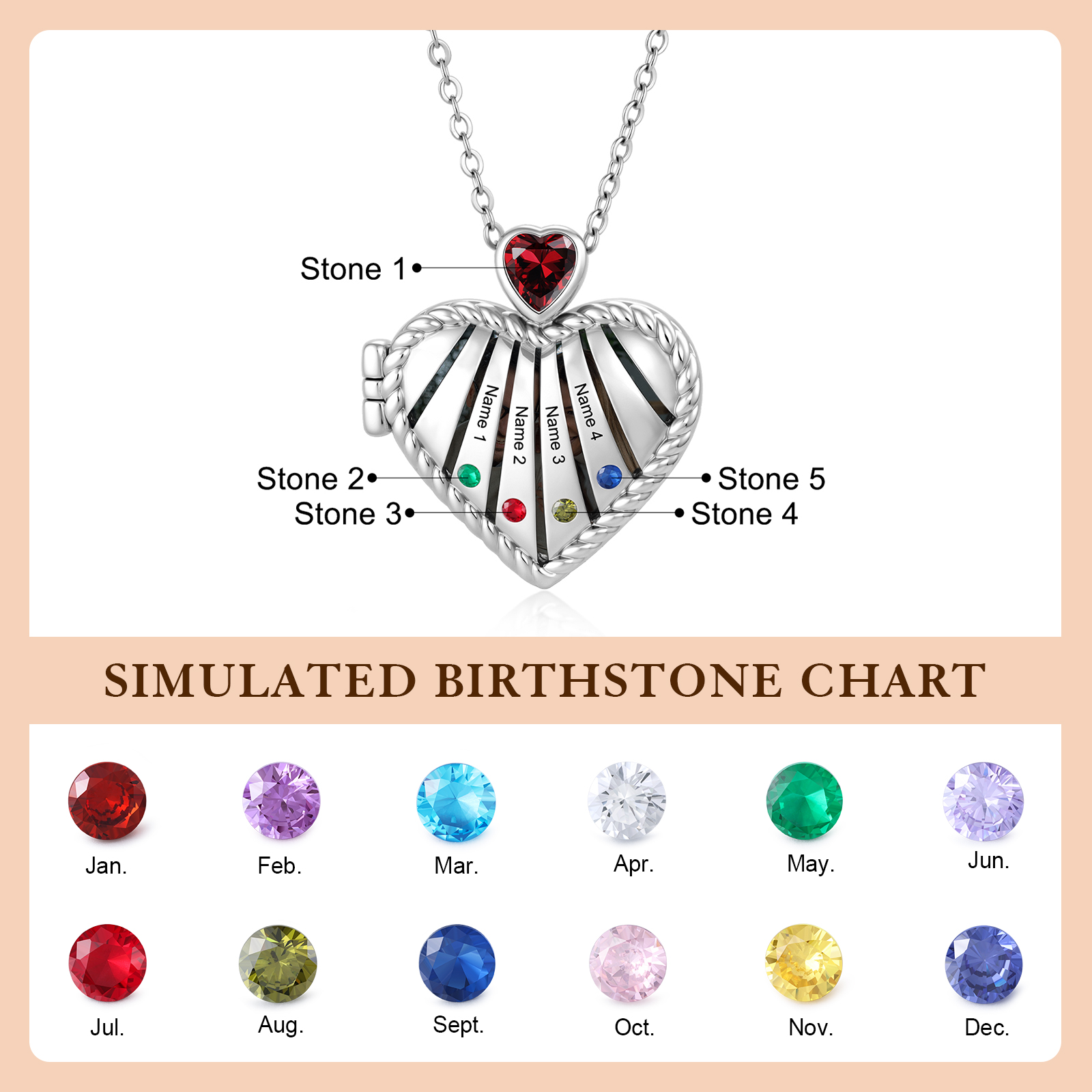 Personalized Heart Locket Birthstone Photo Necklace Custom with 1-6 Names Birthstones