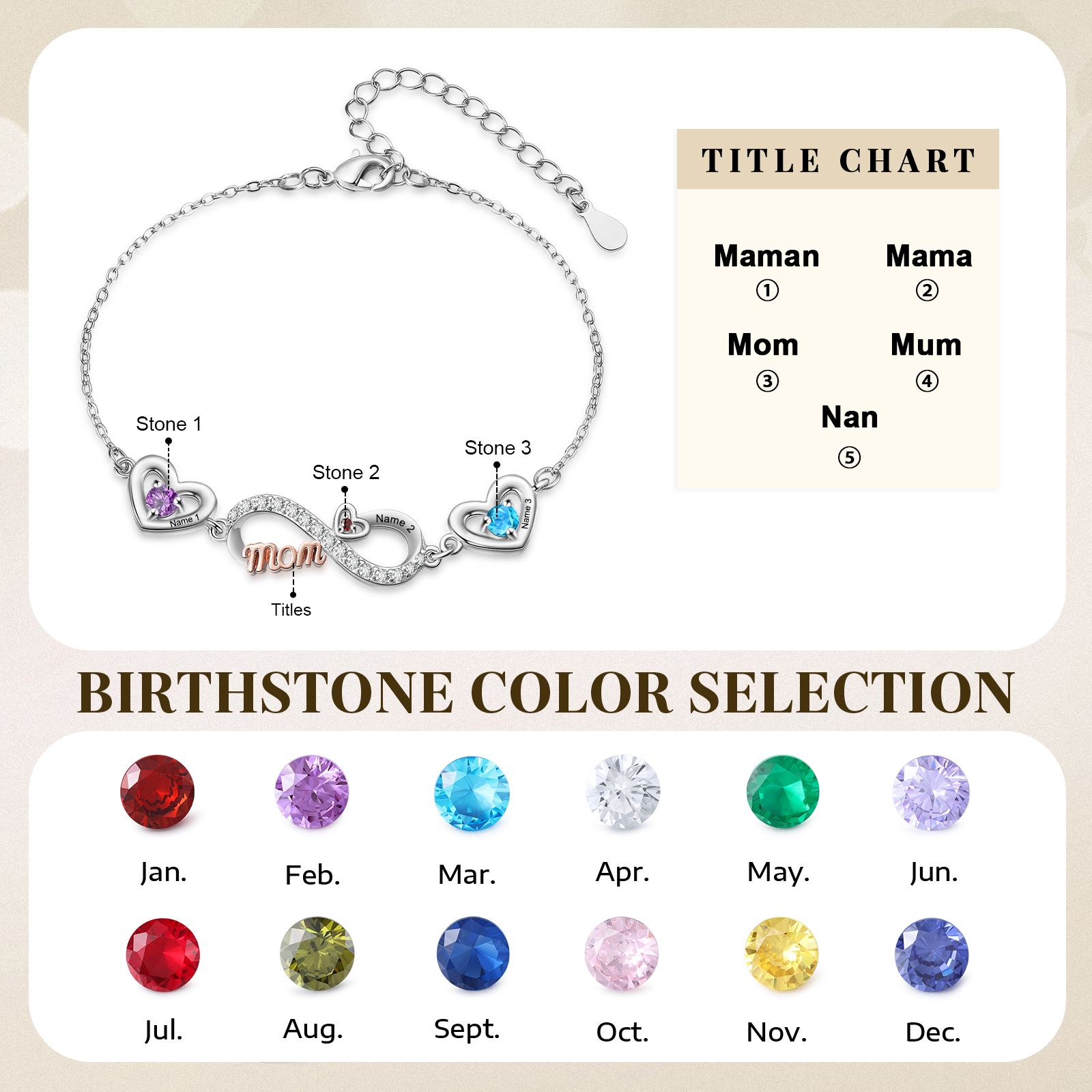 Personalized Infinity Heart Bracelet Mom Birthstones Bracelet Customized With 2–6 Names