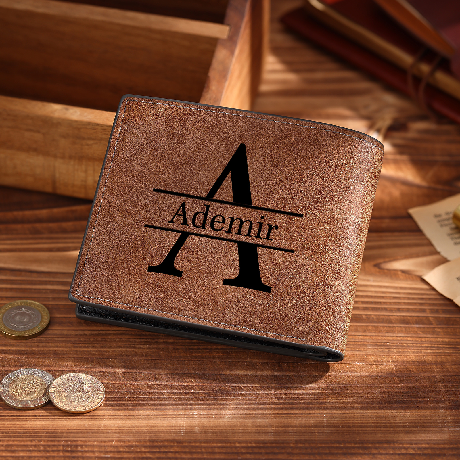 Personalized Men’s Leather Bifold Wallet with Engraved photo Custom Initials and Name