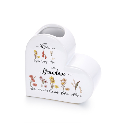 Personalized Ceramic Heart Vase Custom with 2–10 Names And Birth Flowers Mother’s Day Gift For Grandma And Mom