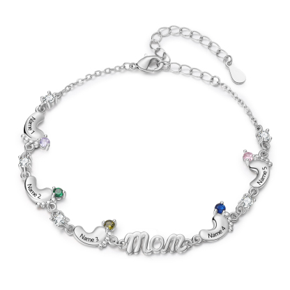 Personalized Mom Bracelet with 2–5 Baby Feet Names and Birthstones