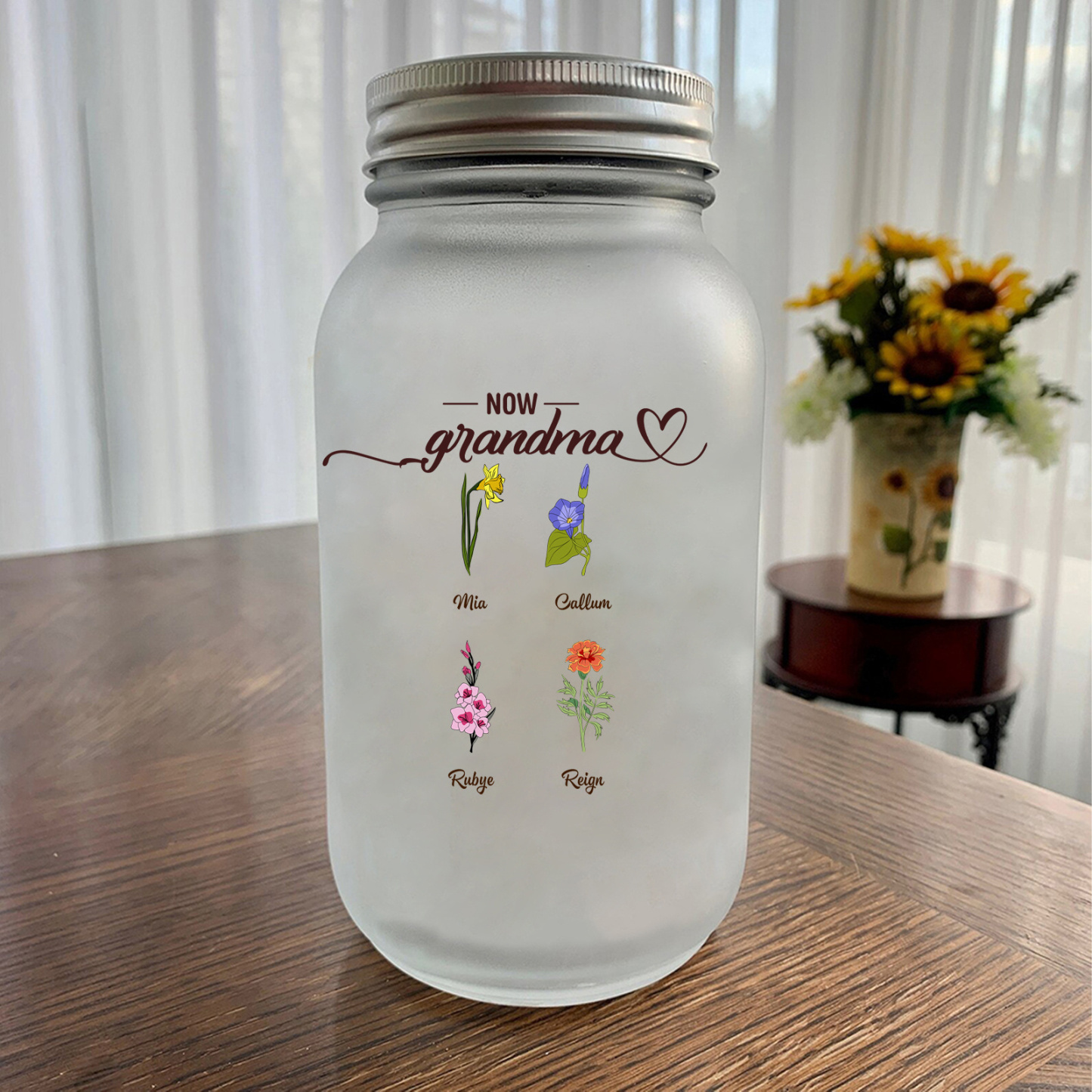 Personalized Flower Solar Mason Jar Light for Grandma Mom