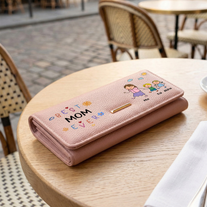 Personalized Leather Wallet Best Mom Ever Family Custom With 1-8 Names and Kids