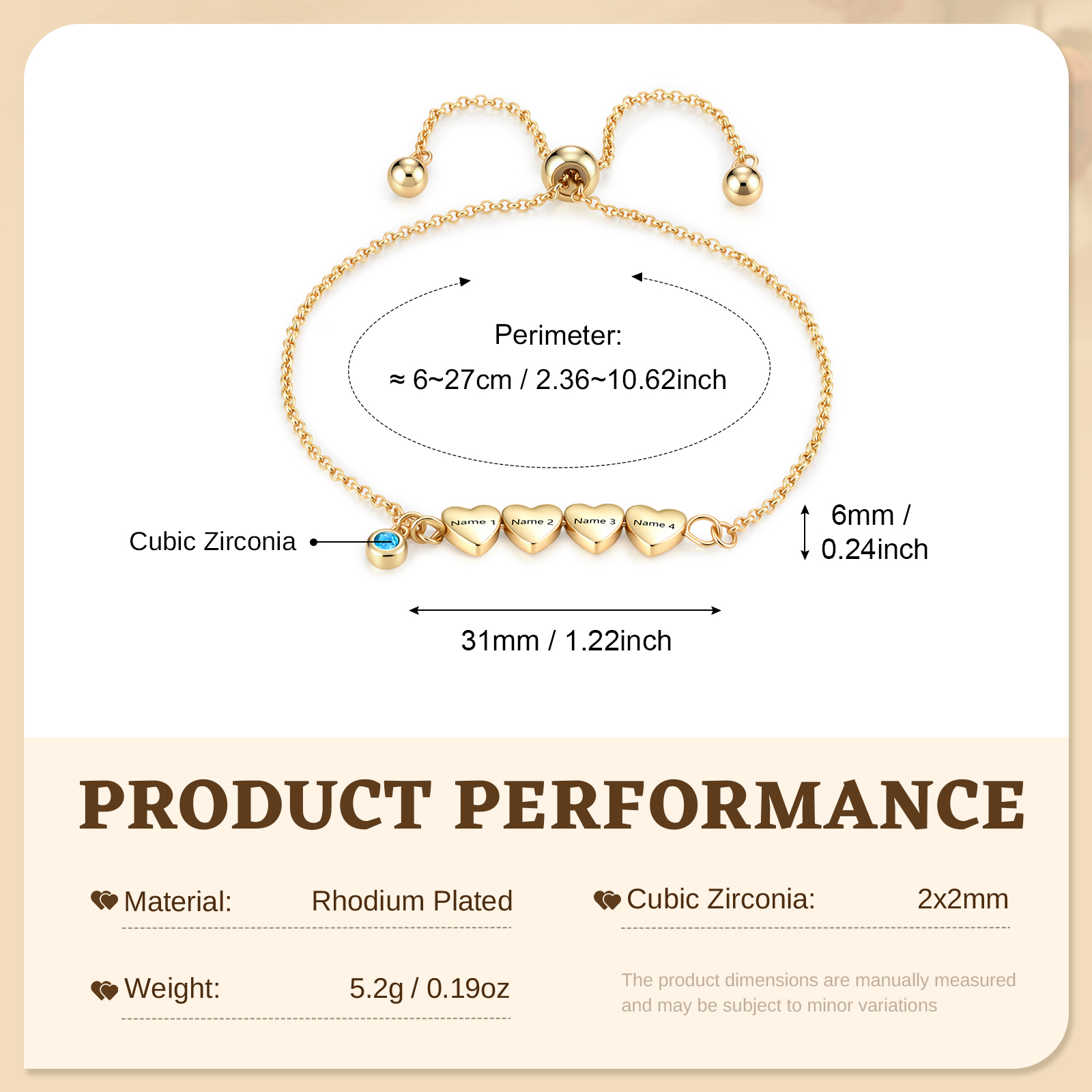 Personalized Bracelet With Engraved Hearts Custom with 2-5 Names And Birthstone Gift