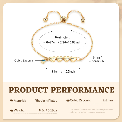Personalized Bracelet With Engraved Hearts Custom with 2-5 Names And Birthstone Gift