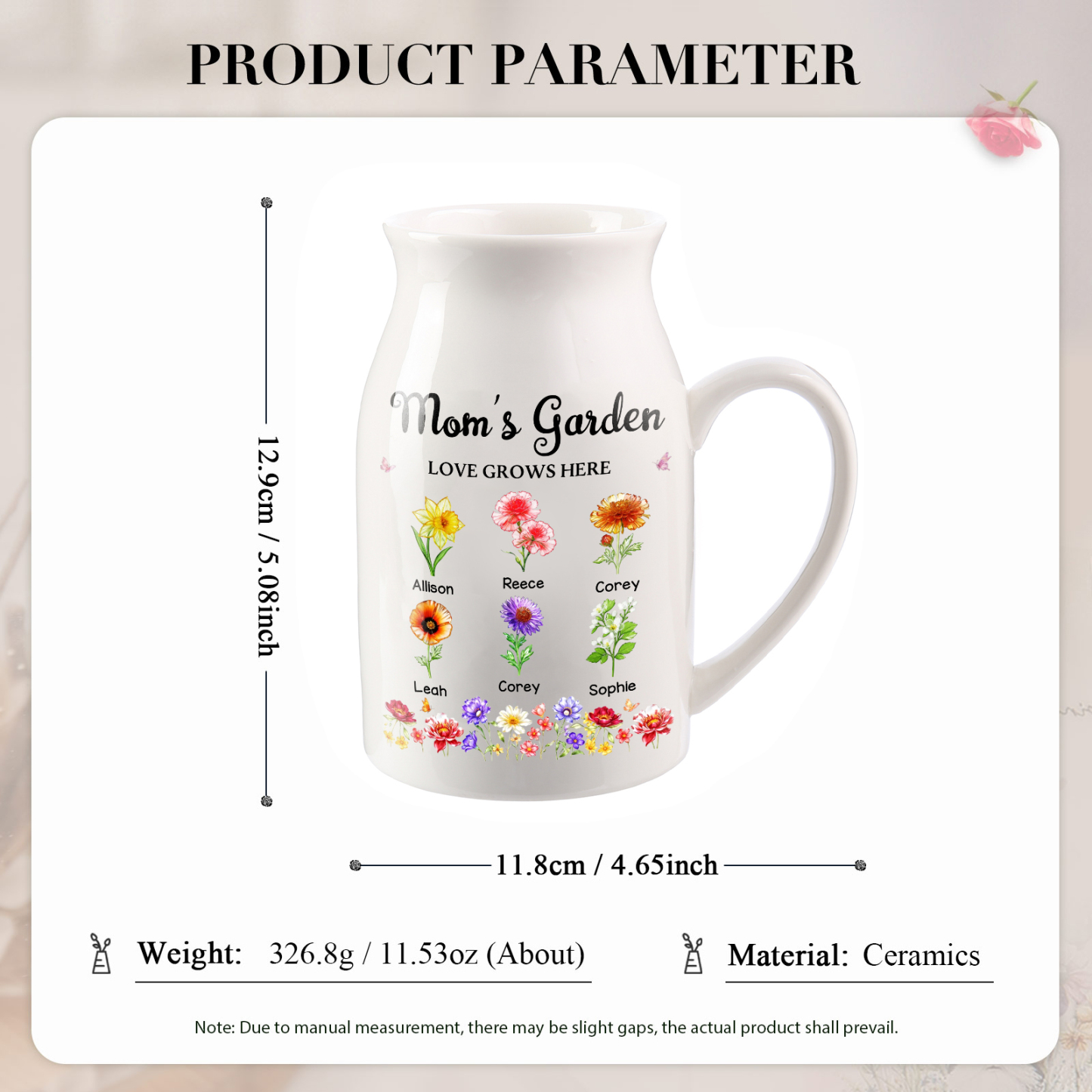 Personalized Ceramic Vase With Floral Motif Grandma’s Garden Customized With 1–10 Birth Flowers and Names
