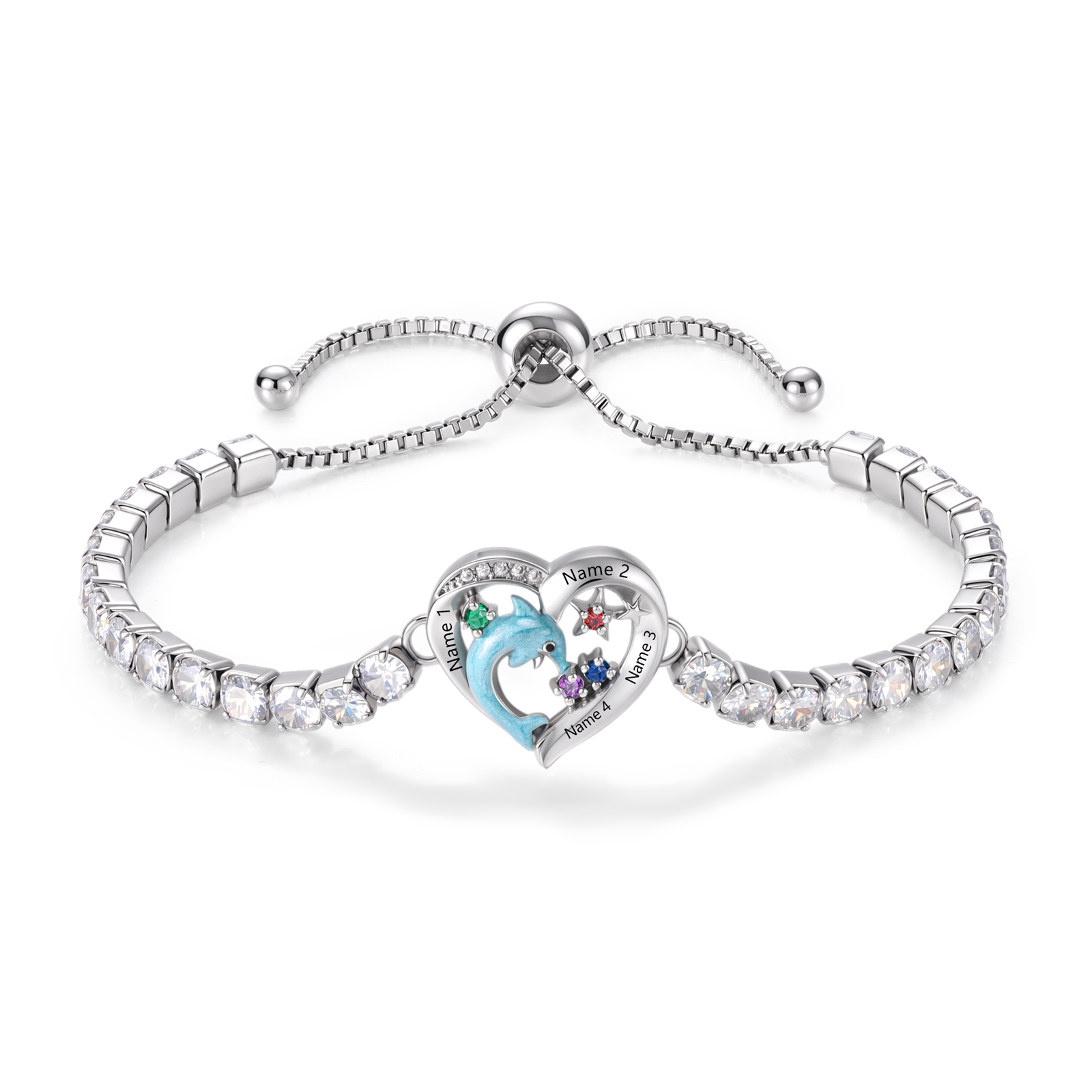 Personalized Dolphin Heart Bracelet with 2–5 Names & Birthstones for Women