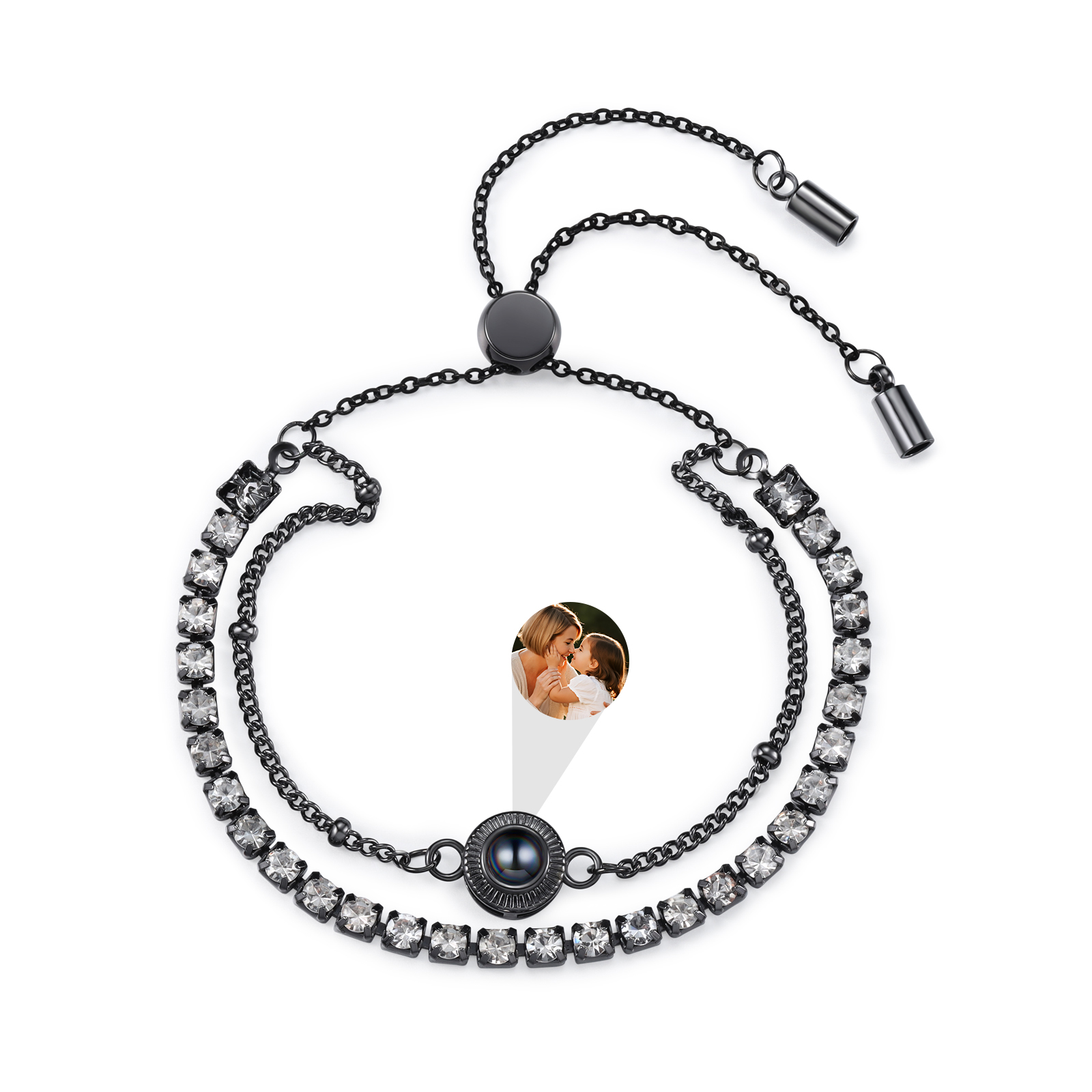 Personalized Photo Projection Bracelet with Double Rhinestone Row Adjustable Women’s Bracelet