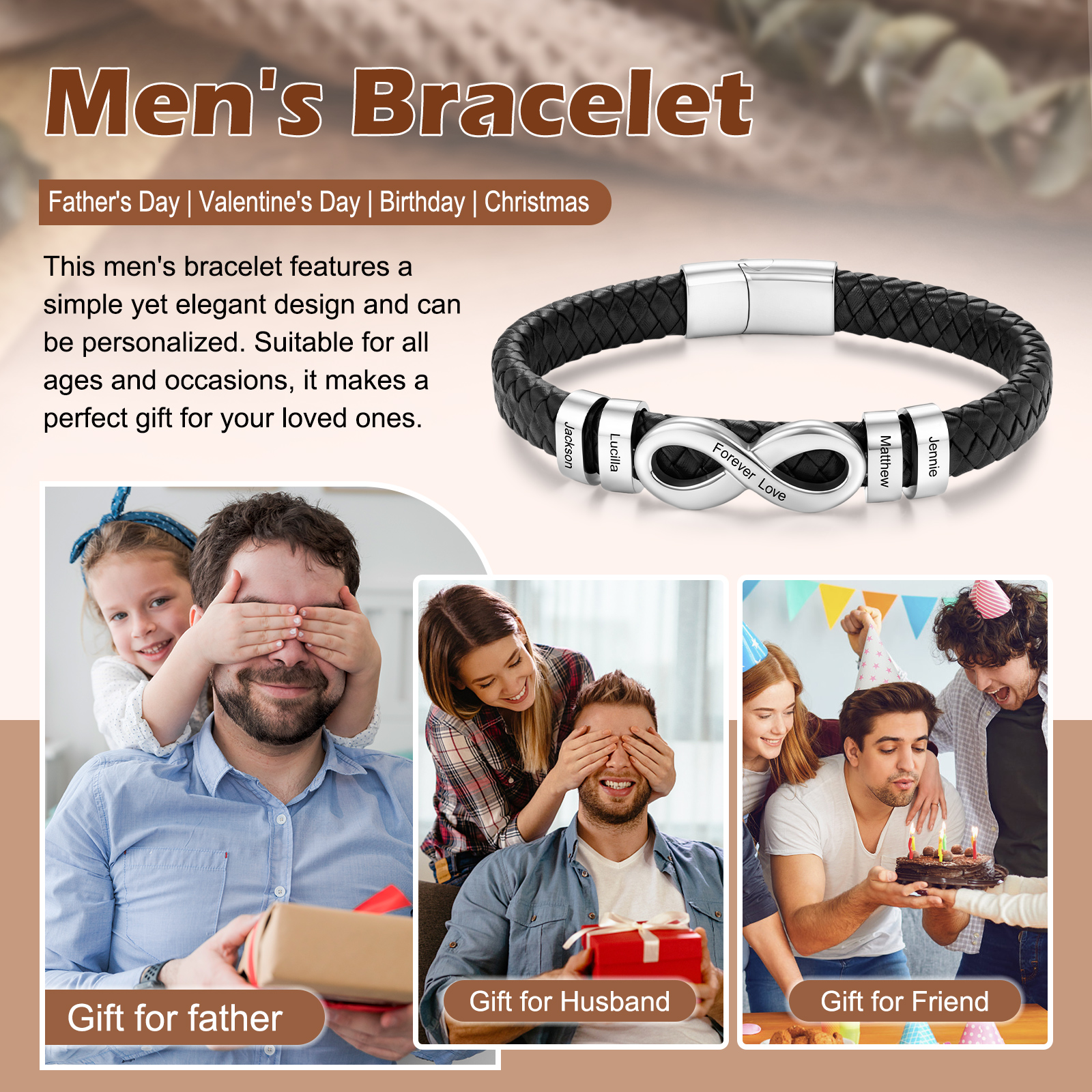 Personalized Infinity Men Bracelet Custom with 2–6 Names Braided Leather Bracelet