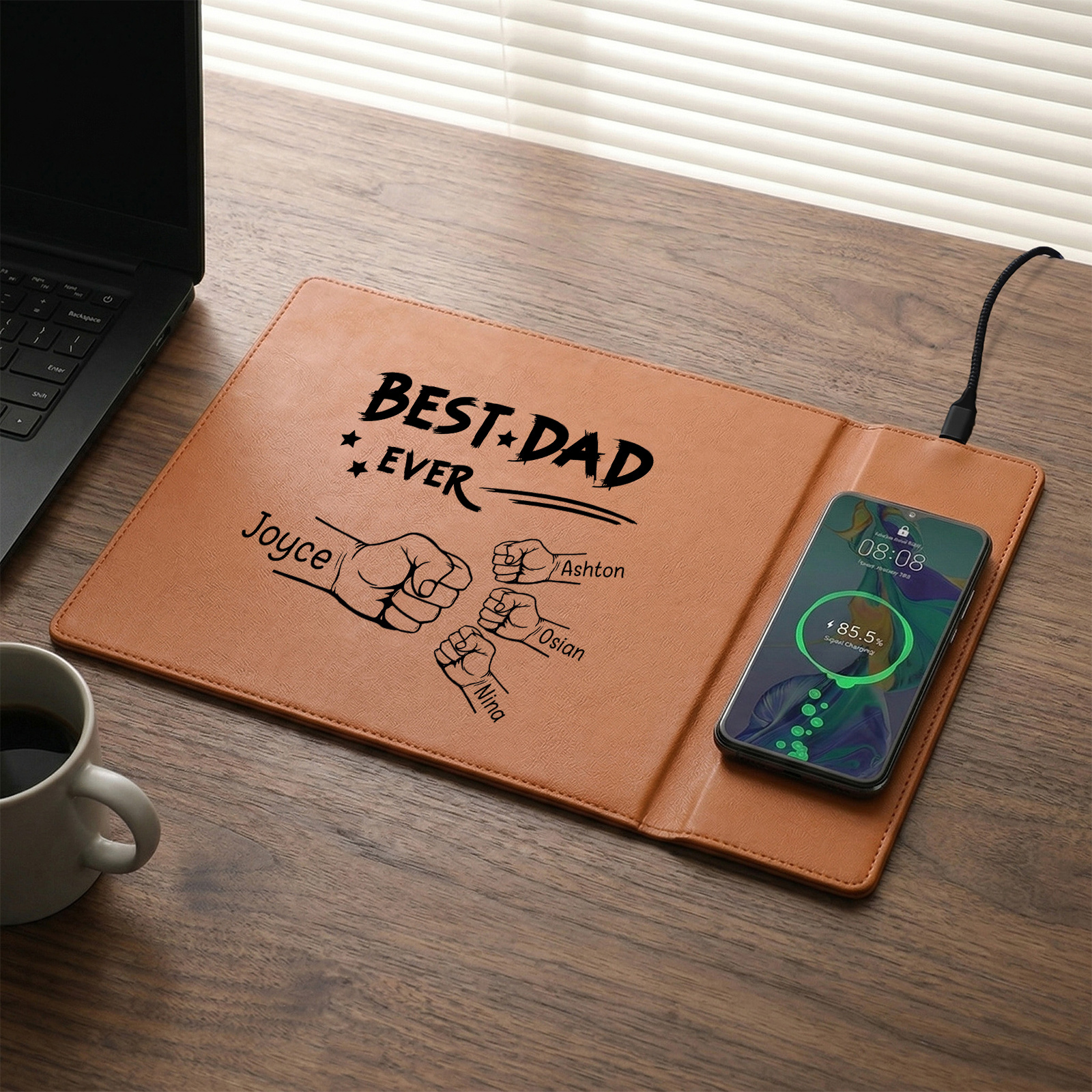 Personalized Leather Desk Pad With Wireless Charging Function Custom with 1-6 Names And Fist Bumps